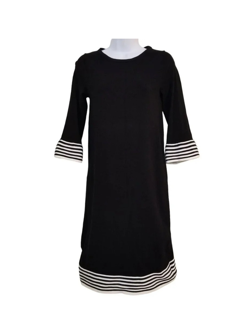 Boden Black Knit Shift Dress Size 8 Striped Cuffs Hem 3/4 Sleeve Mod Preppy
